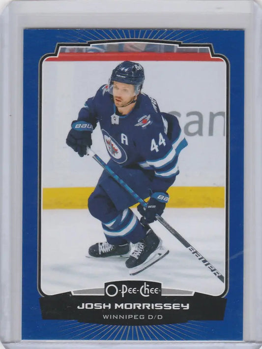 Hockey trading card of Josh Morrissey in action for the Winnipeg Jets, OPC Hockey Blue