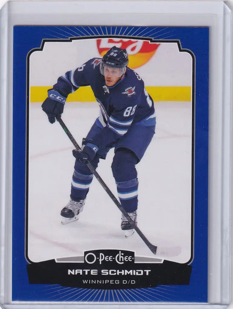 Hockey trading card of Nate Schmidt in dark blue uniform, OPC Hockey Blue #399