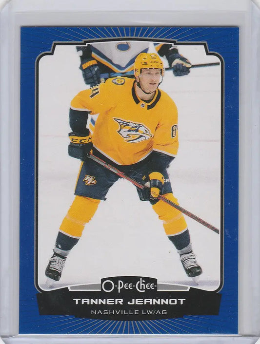 Hockey trading card of Tanner Jeannot in yellow Nashville Predators jersey from OPC Hockey Blue