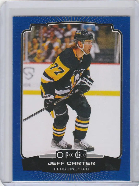 Hockey trading card of Jeff Carter in black and yellow uniform for 2022-23 OPC Hockey