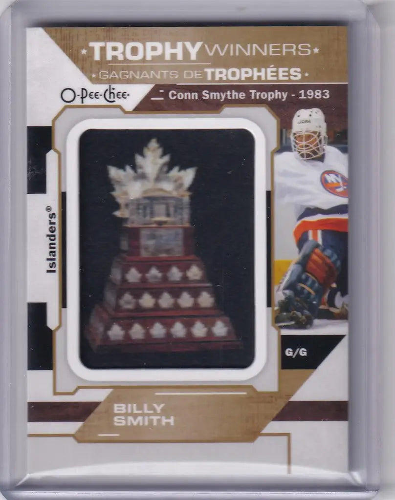 Hockey trading card featuring Conn Smythe Relic of Billy Smith, New York Islanders, OPC Hockey Conn