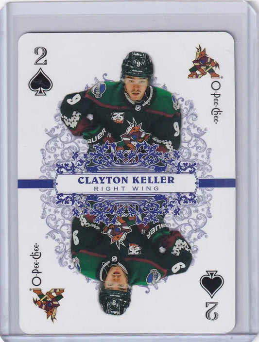 Hockey trading card of Clayton Keller in OPC Hockey playing card design