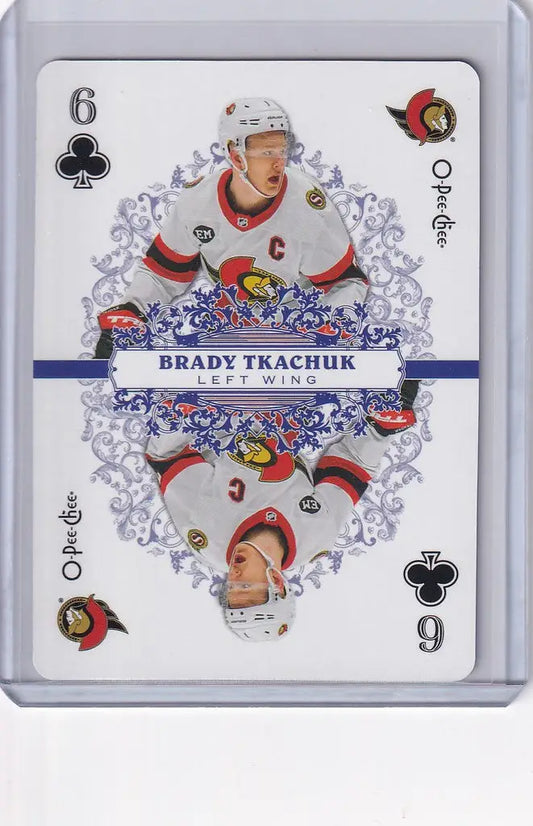 Hockey trading card of Brady Tkachuk in Ottawa Senators jersey for OPC hockey playing cards