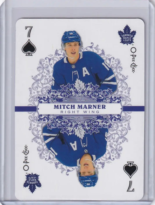 Hockey trading card of Mitch Marner in blue jersey for Toronto Maple Leafs OPC Hockey Playing