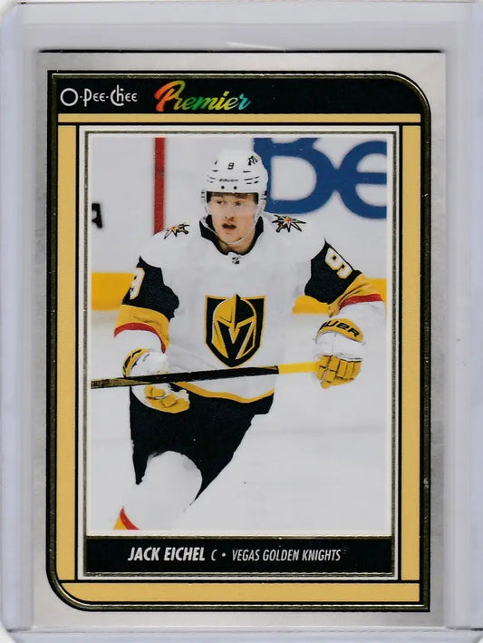 Hockey trading card of Jack Eichel in Vegas Golden Knights white jersey from OPC Hockey Premier