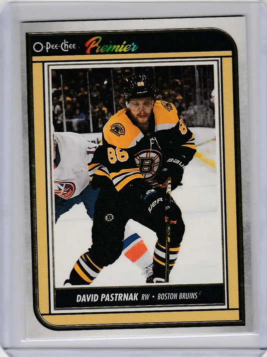 Hockey trading card of David Pastrnak, Boston Bruins player, 2022-23 OPC Hockey Premier