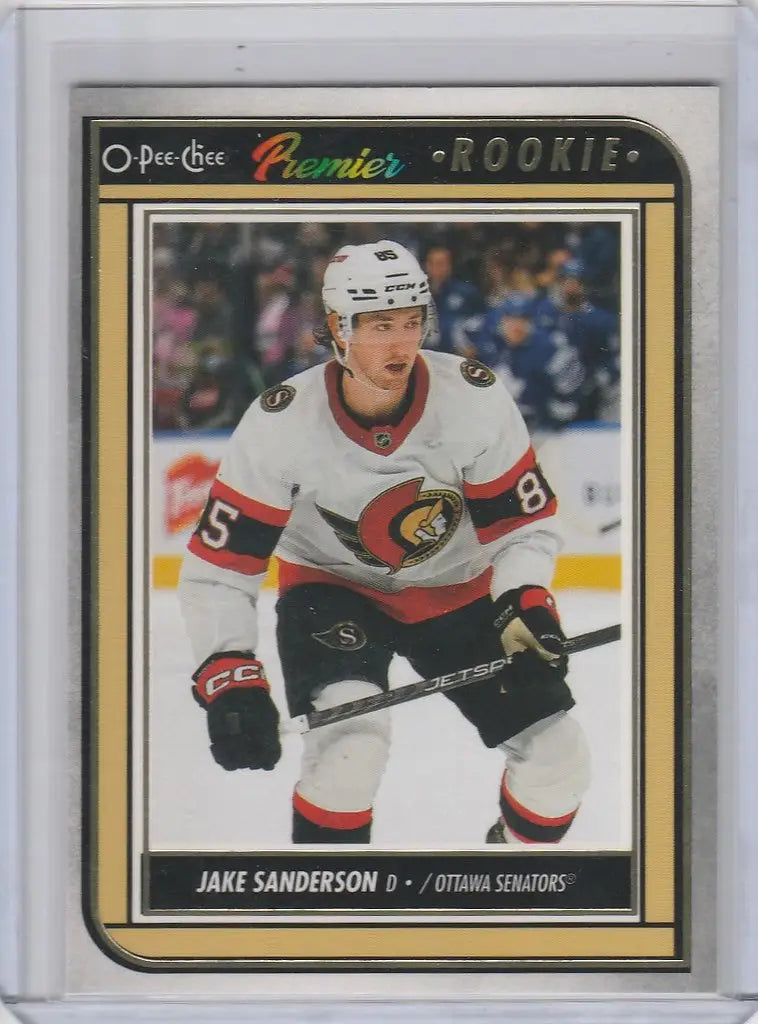 Hockey trading card of Jake Sanderson from Ottawa Senators OPC Hockey Premier 2022-23