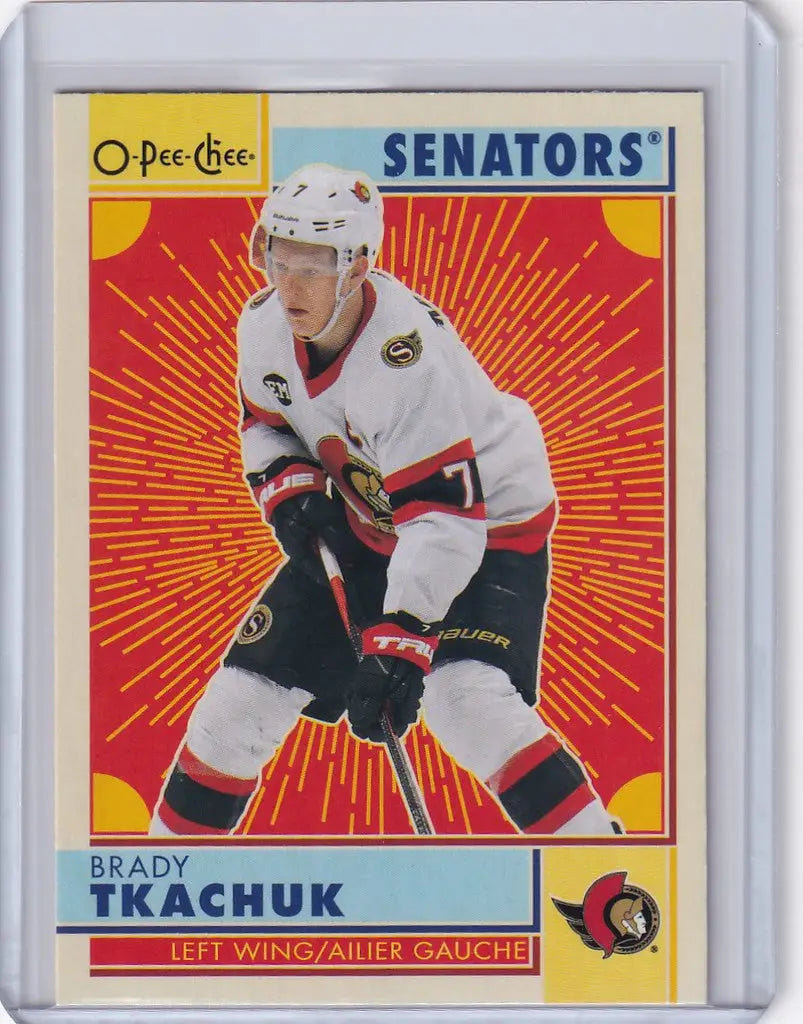 Hockey trading card of Brady Tkachuk from 2022-23 OPC Hockey Retro Ottawa Senators team