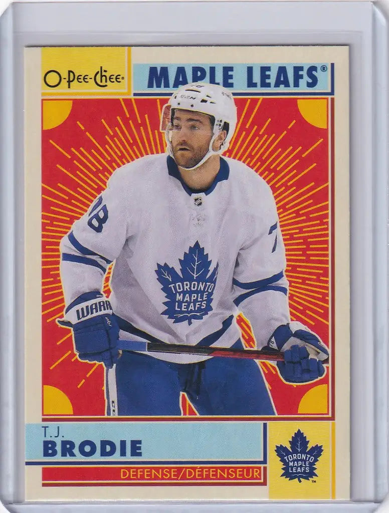 Hockey trading card of T.J. Brodie in white jersey for OPC Hockey Retro Toronto Maple Leafs