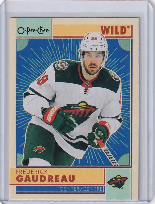 Hockey trading card of Frederick Gaudreau in white jersey for OPC Hockey Retro collection