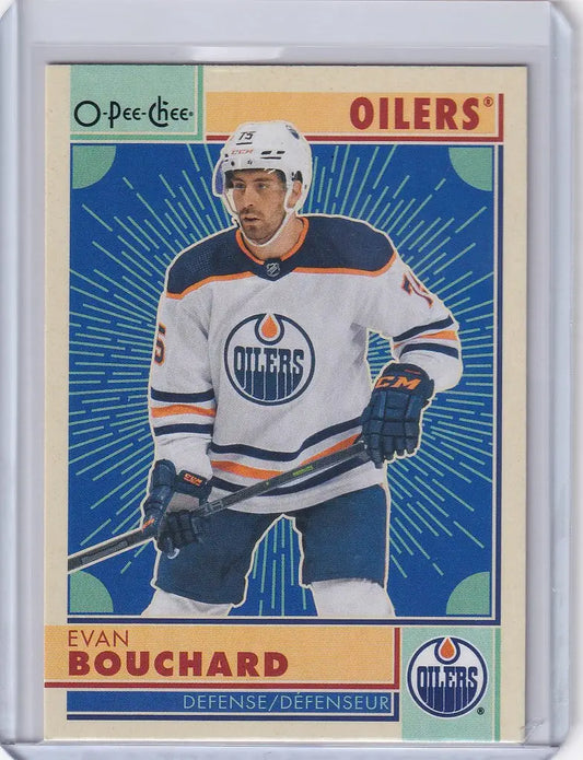 Hockey trading card of Evan Bouchard in a white jersey from OPC Hockey Retro series