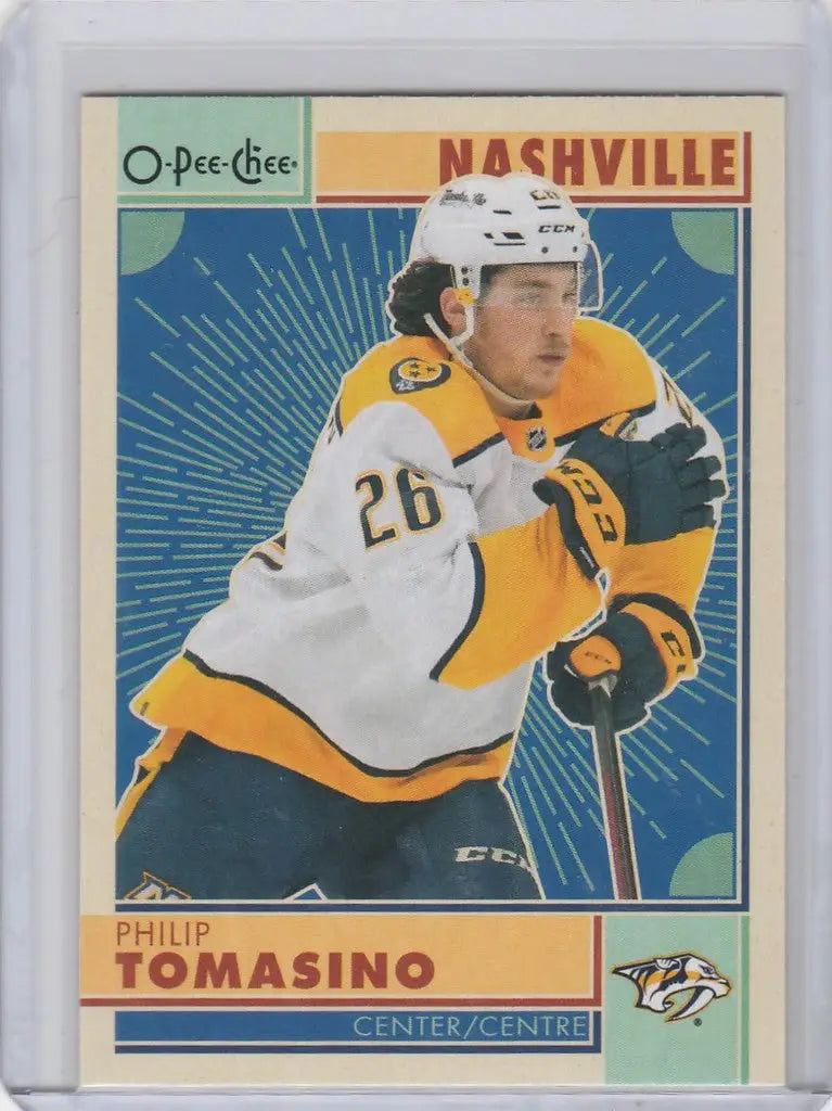 Hockey trading card of Philip Tomasino in yellow Nashville Predators jersey, 2022-23 OPC Hockey