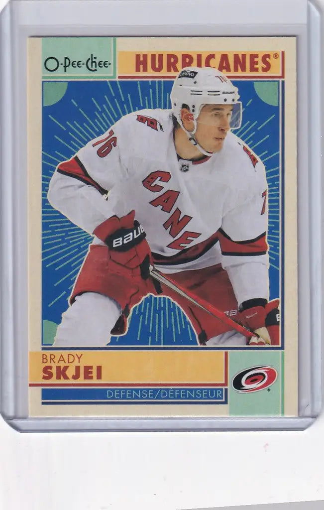 Hockey trading card of Brady Skjei in Carolina Hurricanes jersey from OPC Hockey Retro