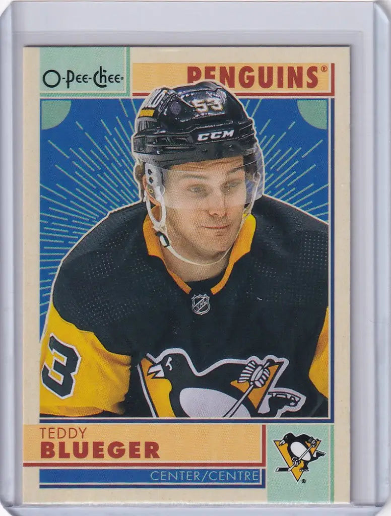 Hockey trading card of Teddy Blueger in black and yellow Pittsburgh Penguins jersey