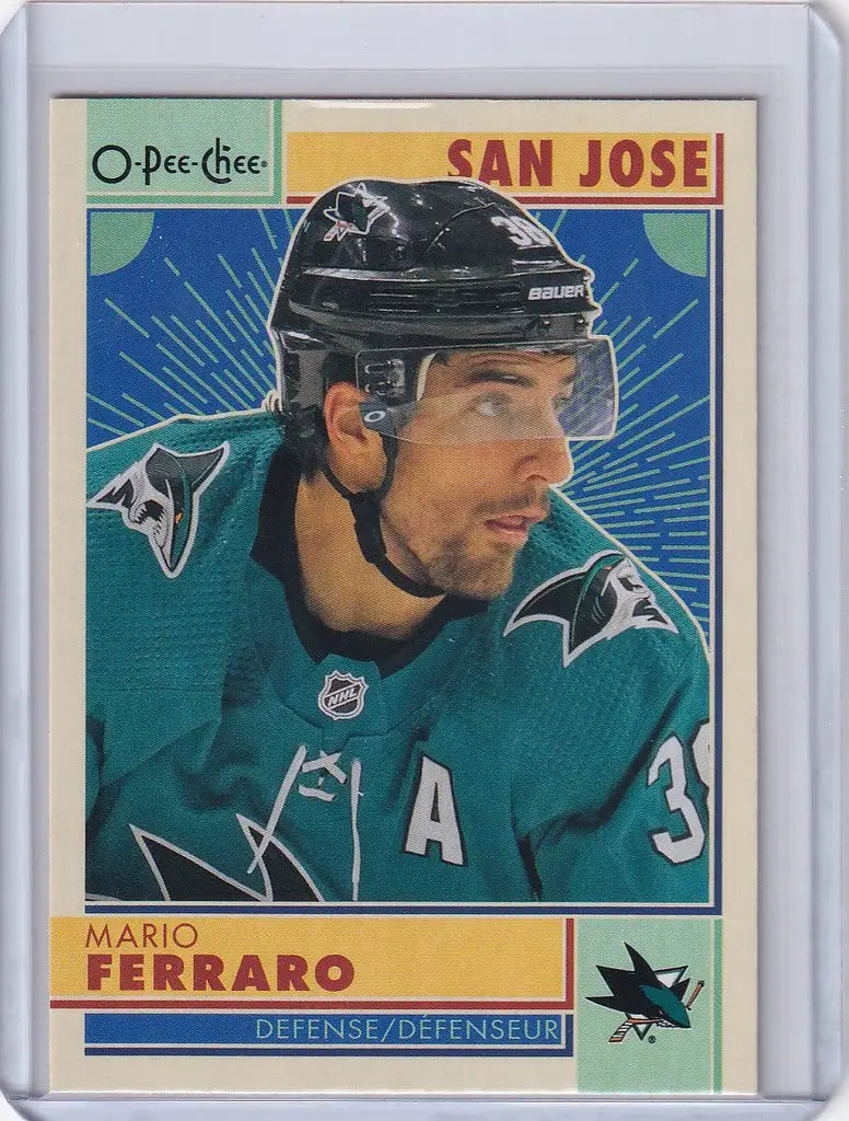 Hockey trading card of Mario Ferraro in teal jersey for San Jose Sharks OPC Hockey Retro