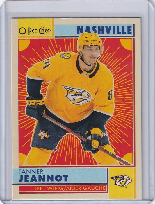 Hockey trading card of Tanner Jeannot in bright yellow Nashville Predators jersey OPC Hockey Retro