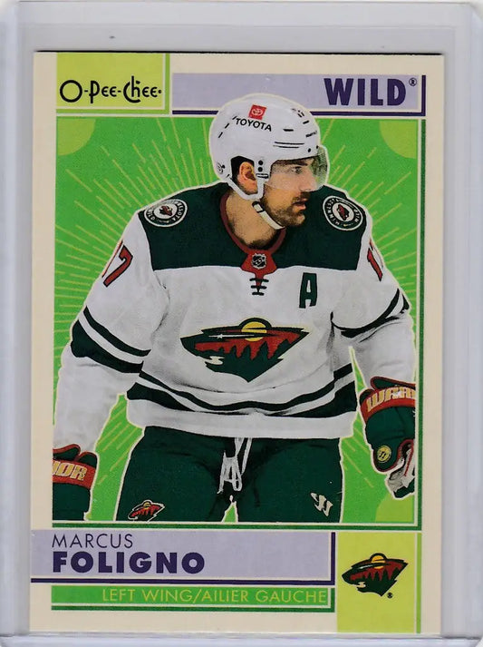 Hockey trading card of Marcus Foligno in a white jersey for Minnesota Wild 2022-23 OPC Hockey