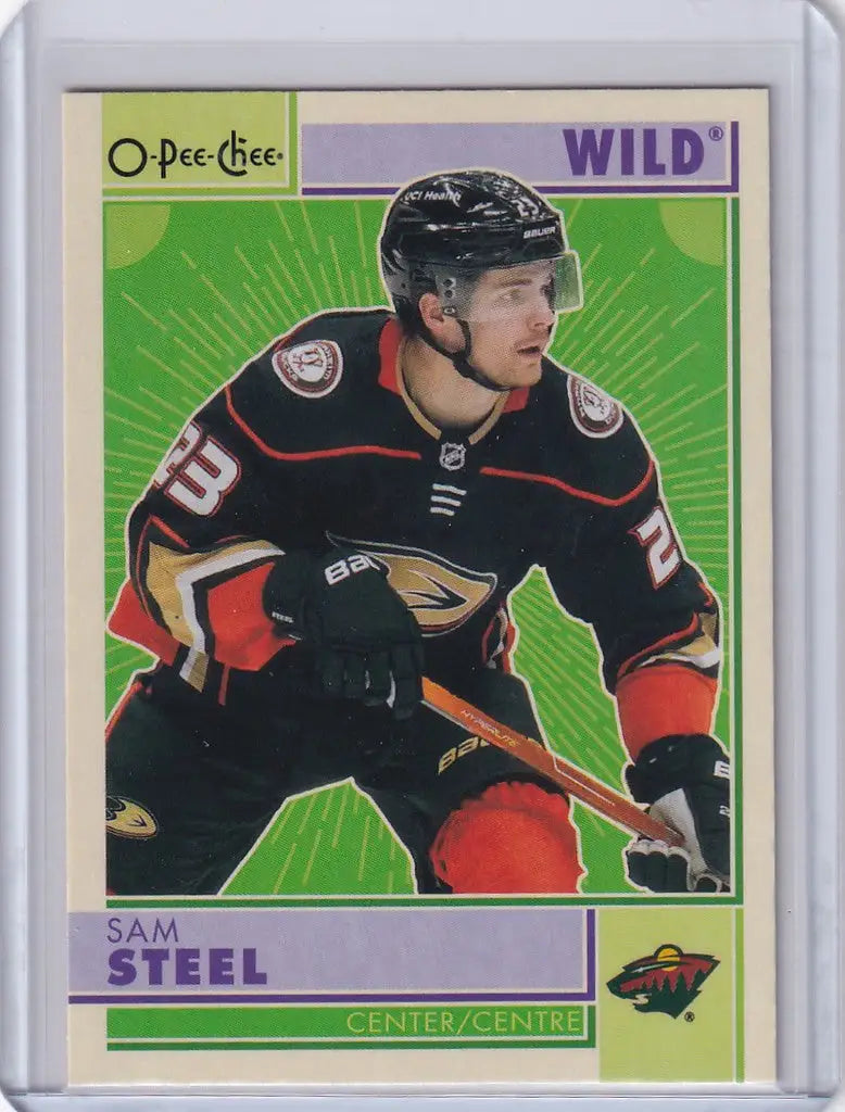 Hockey trading card of Sam Steel from the Minnesota Wild in OPC Hockey Retro design