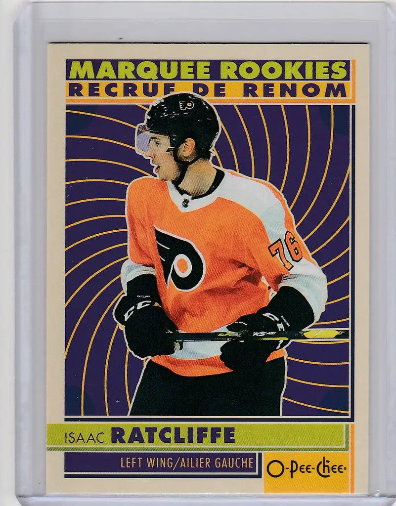 Hockey trading card of Isaac Ratcliffe in Philadelphia Flyers orange jersey OPC Hockey Retro