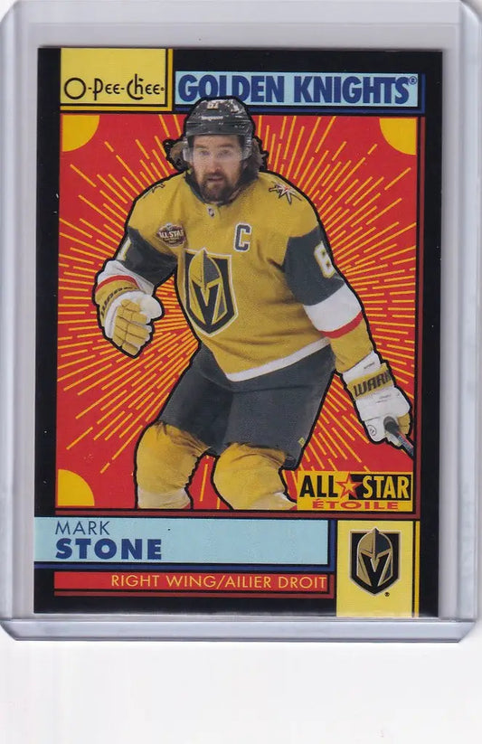 Hockey trading card featuring Mark Stone of the Vegas Golden Knights in yellow jersey