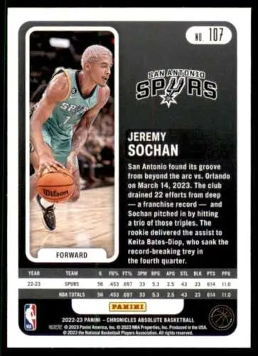 Jeremy Sochan basketball card from 2022-23 Panini Chronicles with original gloss finish