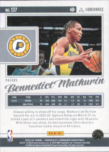 2022-23 Panini Chronicles #137 Bennedict Mathurin Luminance Rookie Basketball Card