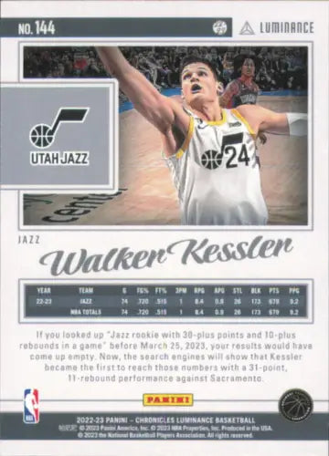 Walker Kessler basketball card from 2022-23 Panini Chronicles Utah Jazz Rookie set