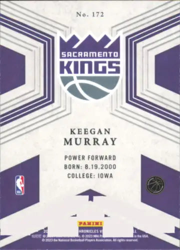 Keegan Murray basketball card from 2022-23 Panini Chronicles, Sacramento Kings rookie