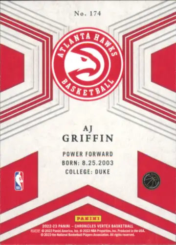 2022-23 Panini Chronicles AJ Griffin Vertex Rookie Atlanta Hawks Basketball Card NM-MT