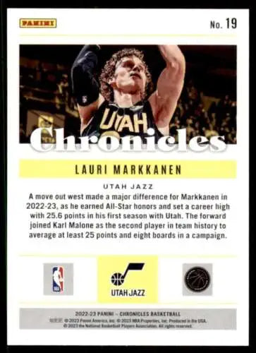 Lauri Markkanen basketball card from 2022-23 Panini Chronicles with original gloss finish