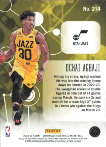 Ochai Agbaji basketball card from 2022-23 Panini Chronicles Essentials Rookie set