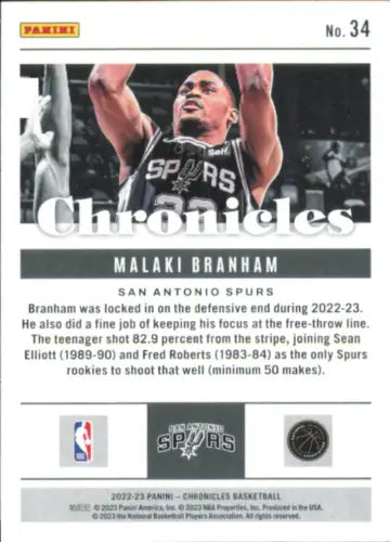 2022-23 Panini Chronicles Malaki Branham Rookie San Antonio Spurs Card NM-MT