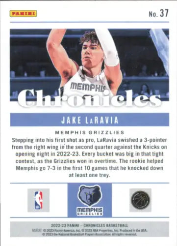 Jake LaRavia Rookie basketball card from 2022-23 Panini Chronicles NM-MT Memphis Grizzlies