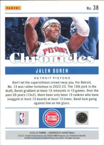 Jalen Duren Rookie Card from 2022-23 Panini Chronicles for Detroit Pistons collectors