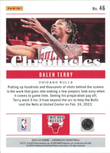 Dalen Terry 2022-23 Panini Chronicles Rookie Chicago Bulls Basketball Card NM-MT