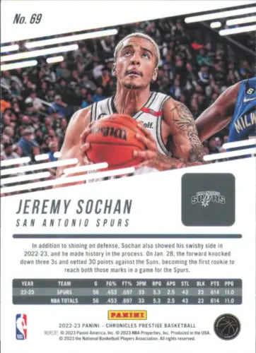 2022-23 Panini Chronicles Jeremy Sochan Prestige Rookie Spurs Card NBA NM-MT