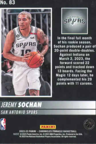 Jeremy Sochan Pinnacle Rookie card from 2022-23 Panini Chronicles NBA collection