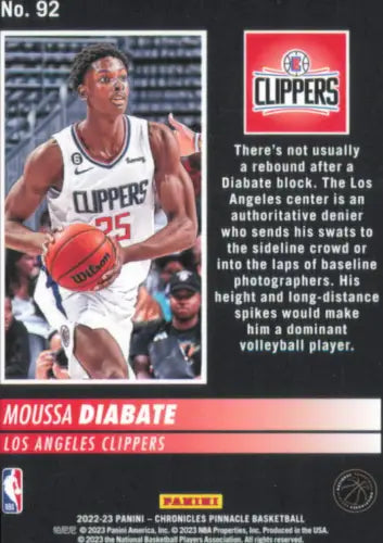 Moussa Diabate basketball card from 2022-23 Panini Chronicles Pinnacle Rookie series