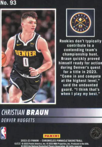 2022-23 Panini Chronicles Christian Braun Pinnacle Rookie Nuggets Basketball Card NM-MT