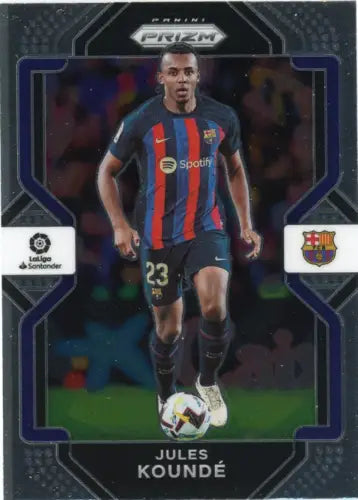 Jules Koundé soccer card from 2022-23 Panini Chronicles La Liga #214 Prizm FC Barcelona