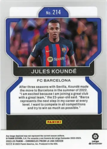 Jules Koundé soccer card from 2022-23 Panini Chronicles La Liga #214 NM-MT quality