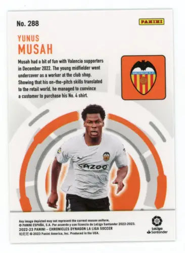 Yunus Musah soccer card from 2022-23 Panini Chronicles La Liga #288 Dynagon Valencia CF