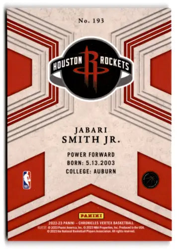 Basketball card of Jabari Smith Jr. from 2022-23 Panini Chronicles Pink collection