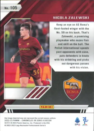 Nicola Zalewski Rookie card from 2022-23 Panini Chronicles Serie A, XR AS Roma