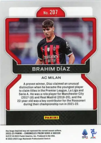 Brahim Diaz soccer card from 2022-23 Panini Chronicles Serie A #207 AC Milan Prizm