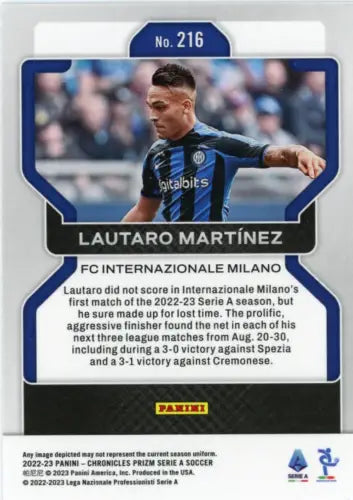 Lautaro Martínez soccer card from 2022-23 Panini Chronicles Serie A #216 Inter Milan