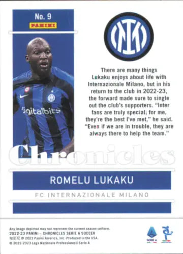 Romelu Lukaku 2022-23 Panini Chronicles Serie A #9 Inter Milan Soccer Card NM-MT