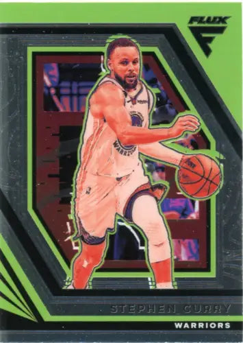 Basketball trading card of Stephen Curry in white uniform for Golden State Warriors Panini Flux