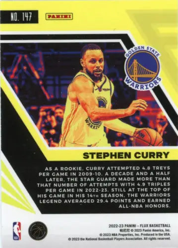 Basketball trading card of Stephen Curry in yellow jersey for Golden State Warriors Panini Flux