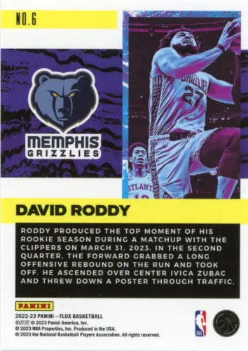 David Roddy 2022-23 Panini Flux Freshman Year basketball card from Memphis Grizzlies